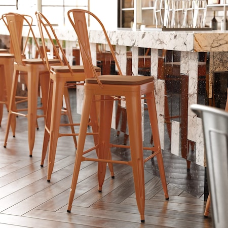 Flash Furniture 30" Orange Metal Counter Stool-Teak Poly Seat CH-31320-30GB-OR-PL2T-GG